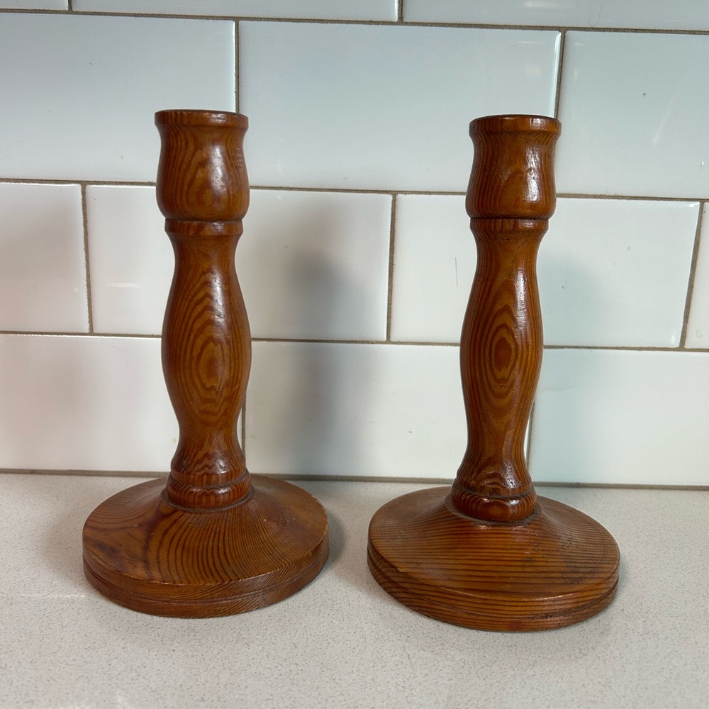 Vintage MCM Hand turned Wooden Candlesticks